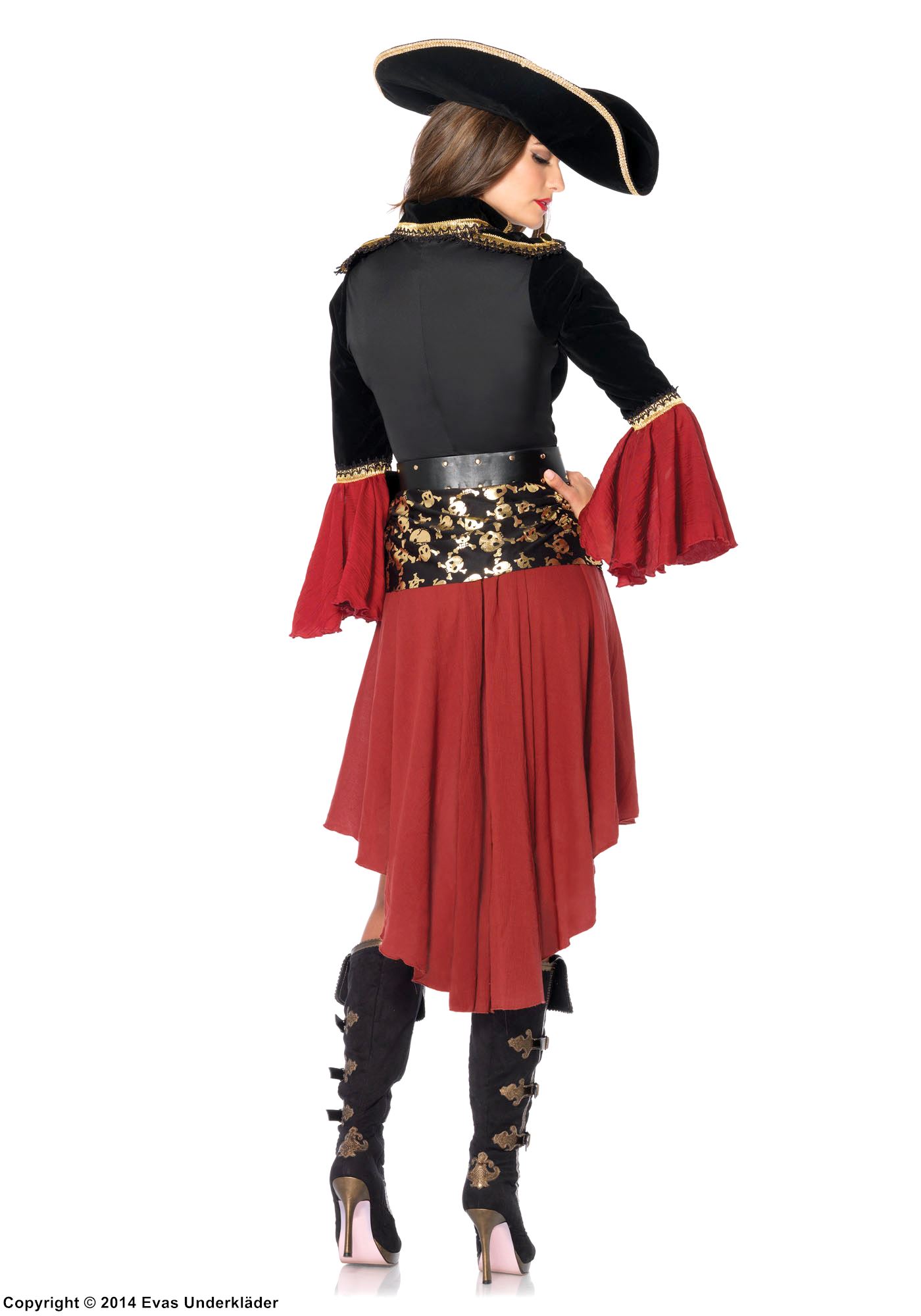 Kvinnelig piratkaptein, kostyme-kjole, snøring, skulderklaff, hodeskaller, fløyel